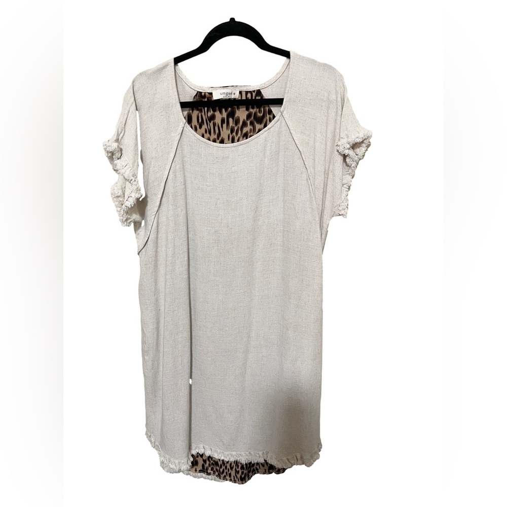 Umgee XL Leopard Back Linen Hi Low Dress Raw Fringe Hem Beach Boho Vacay Women - Picture 3 of 11